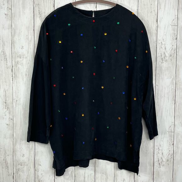 Vintage Black Silk 3/4 Sleeve Rainbow Polka Dot Stones Blouse Shirt Medium - Picture 1 of 9